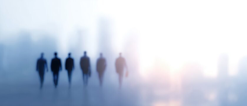 Professional team walking toward bright skyline, leadership and unity theme