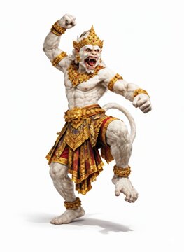 Intricate Sculpture of a Fierce White Monkey Deity in Traditional Asian Attire.
