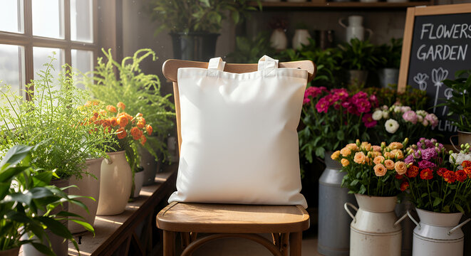 Minimalist white blank tote bag mockup on wooden chair surrounded by plants flowers in flower shop concept of aesthetic eco style reuse natural cotton canvas shopper great for brand promotion tote bag