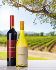 Fototapeta premium Wine bottles mockup in sunlit vineyard