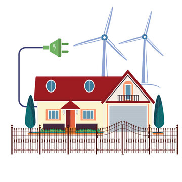 House connected to wind turbines with power cable plug, renewable energy concept vector