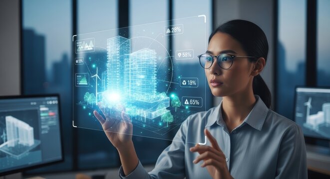 Asian female product manager testing innovative AI mobile app prototype in modern user testing room with digital interface, futuristic viewpoint, technology concept