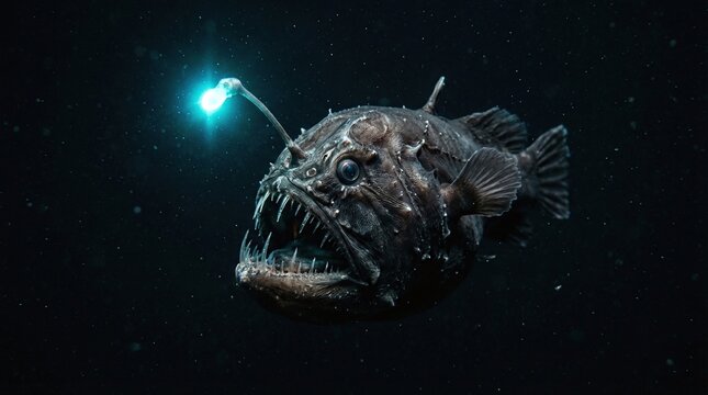 A large anglerfish swims underwater with a lure on its head