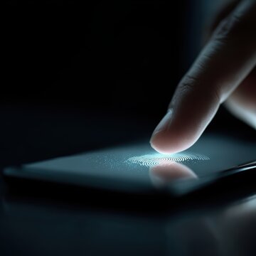 Man unlocking phone with biometric security interface close-up