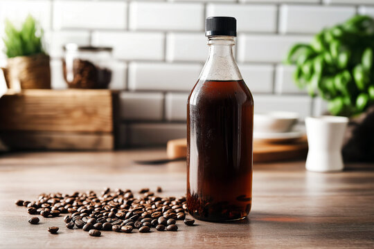 Bottle of rich brown cold brew coffee concentrate with visible coffee beans scattered nearby, modern rustic kitchen counter