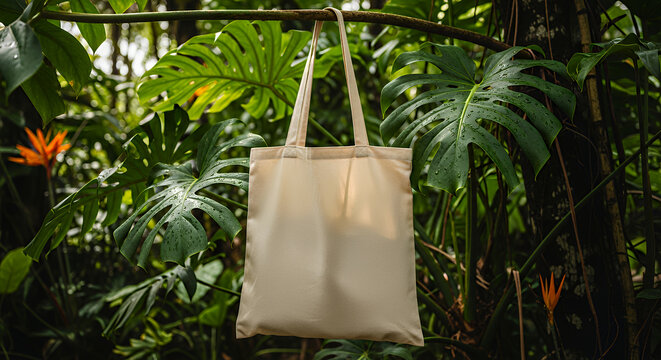 Beige tote bag hangs amidst lush tropical foliage; eco-friendly mockup tote bag mockup mockup fabric bag tote blank canvas cloth design eco fashion cotton shopping empty background