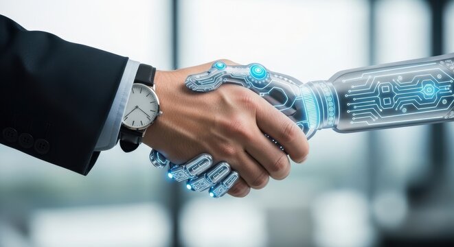 Businessperson and Robot Handshake in Modern Office, AI Technology Collaboration, Close-Up View of Futuristic Innovation Concept