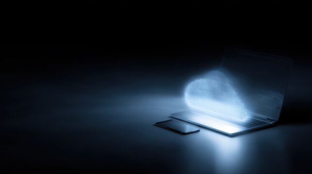 Cloud computing hologram emerging from smartphone beside laptop, secure data infrastructure concept