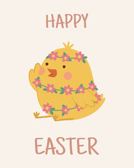 Obraz premium Easter greeting card with cute chick and soft floral details. Minimal flat vector illustration in soft pastel colors on a cream background. Happy Easter!