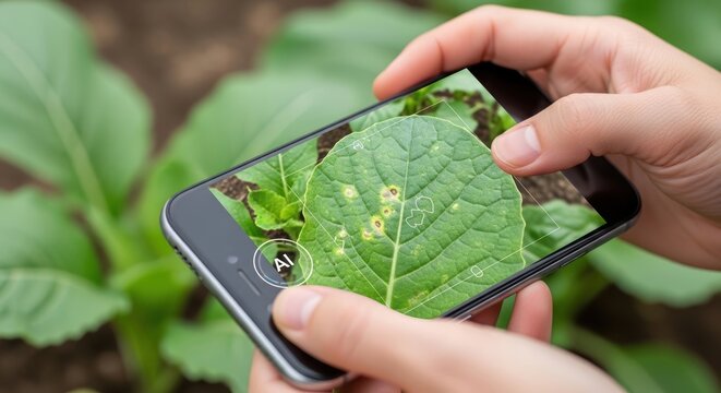 Close-up of hands scanning green leaf with smartphone AI app for pest detection in garden environment with natural lighting and detailed viewpoint