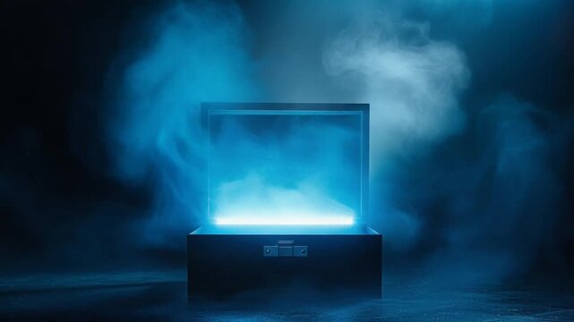 A mystical box, emitting blue light and surrounded by smoke in a darkened room