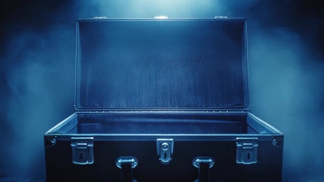 An open black briefcase set against a smoky blue backdrop. Illumination highlights the inside
