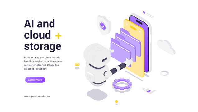 Isometric vector banner template featuring robot managing cloud storage with folders on smartphone, highlighting AI-powered data management, file organization, and technology automation solutions