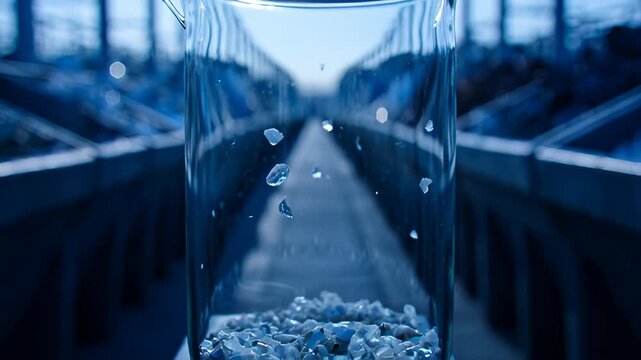 Clear Liquid Dripping Into Beaker Filled With Small White Crystals in Laboratory Setting