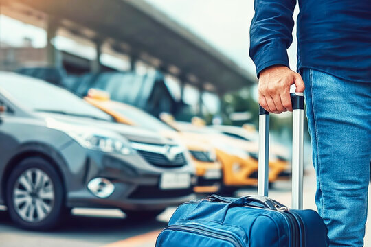Taxi airport. Individual stands at an airport taxi stand, gripping suitcase with silver handle, while multiple vehicles, including taxis and other cars, are parked in background