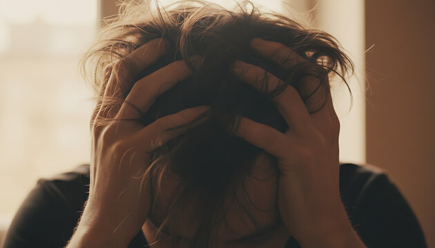 Captured Agony: This evocative image captures a person's struggle, with hands clasped around the head in a pose of intense emotion. The raw, unfiltered portrayal evokes deep feelings of distress.