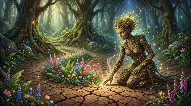 A mystical nature goddess made of wood and leaves kneels in an ancient enchanted forest, bringing vibrant life and blooming flowers to the parched, cracked ground with her magic touch.