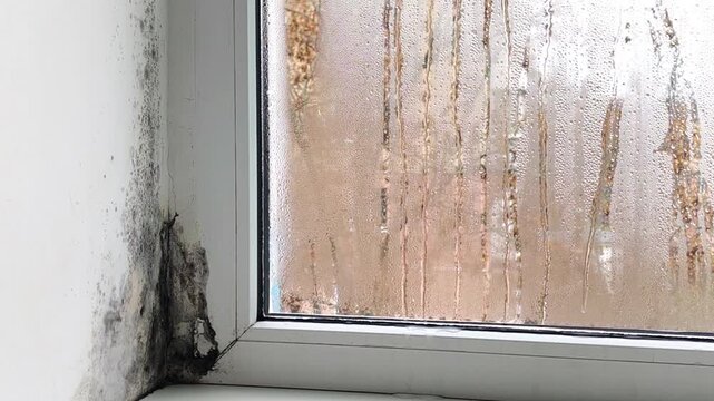 Black mold spreading along wall corner beside window, mold causing damp and damage, moisture accumulation, condensation of dampness runs down glass. home deterioration, indoor contamination, decay,