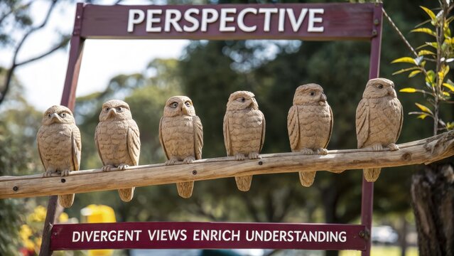 Four owl statues lined up on a branch with signage