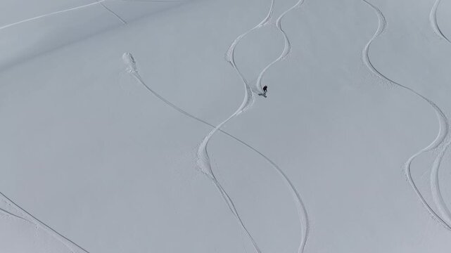 Freeride skiers climbing and descending Bidara peak in Gudauri on deep fresh powder snow, winter adventure in Georgia mountains. Backcountry freeride and skiing untouched powder in snowy mountains.