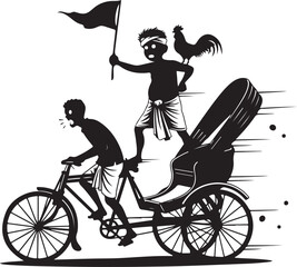Naklejka premium A man rides a bicycle rickshaw with a flag and a rooster isolated on transparent background, Vector