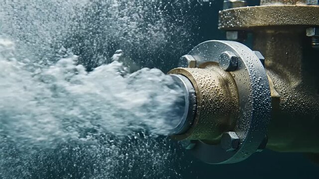 Brass pipe releasing bubbles underwater in dark environment