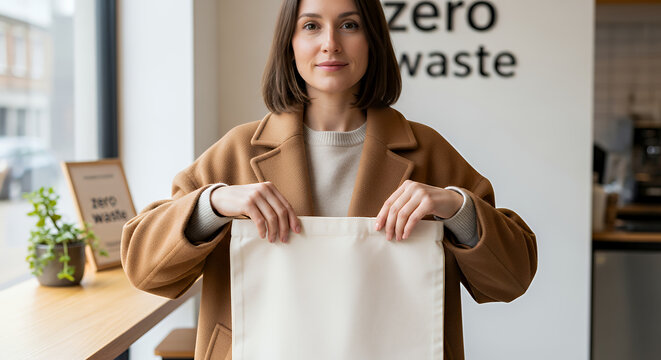 Woman in coat with white cotton bag in her hands mockup and zero waste concept tote bag mockup mockup fabric bag tote blank canvas cloth design eco fashion cotton shopping empty background