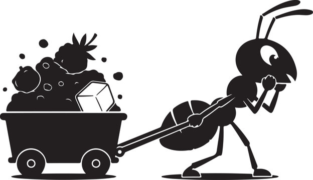 An industrious ant pushing a cart filled with food isolated on transparent background, Vector