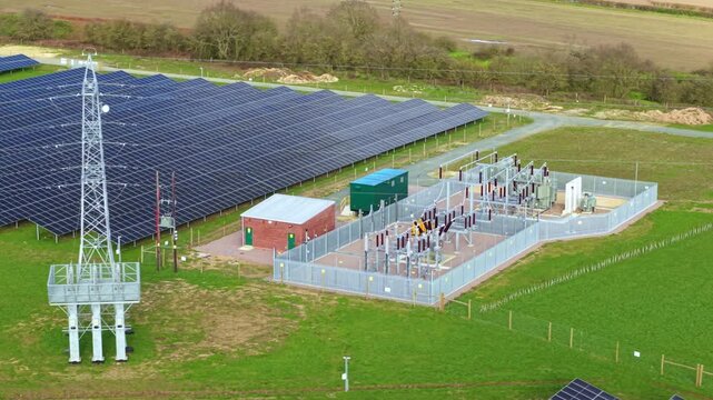 Aerial view of rows of solar panels, substation, and a transmission tower on a green field, contrasting the dark panels with the verdant land, Goldbeck Solar Crifton South, United Kingdom.