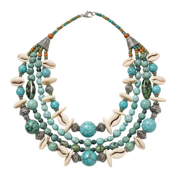 Multi-strand turquoise and shell necklace with silver accents isolated on transparent background