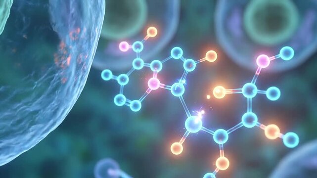 Molecule chemistry science cell biotechnology molecular nad longevity research laboratory featuring glowing molecular structure near cell surface and membrane DNA microscopy genetics medical biology