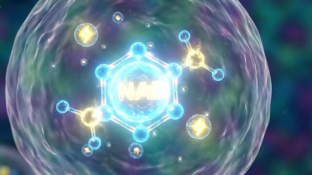 Nad molecule cellular energy longevity vitamin b3 niacin biochemistry metabolism mitochondrion supplement health concept glowing cell molecular structure sparkling ions coenzyme science mitochondria