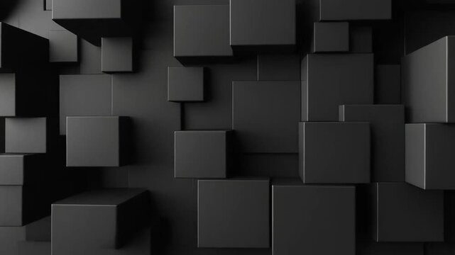 A 3D rendered graphic featuring numerous dark, matte black cubes arranged in a visually complex pattern