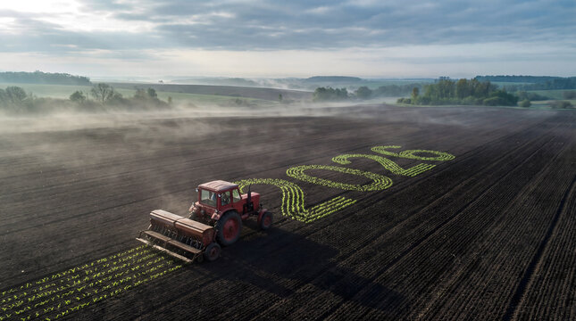 Tractor sowing 2026 year crops on fertile farm field