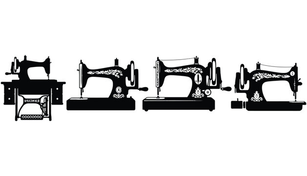 Sewing machine silhouettes in a row on a white background