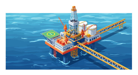 An offshore oil rig platform stands in the ocean with a long bridge ramp, surrounded by deep blue water, depicted in a detailed vector illustration with industrial design elements. © RizqiArdi