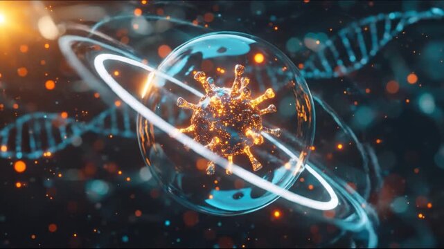 3D rendered illustration of a virus within a protective bubble with a DNA helix visible