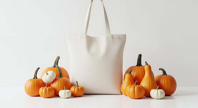 Stylish tote bag mockup with pumpkins displayed on a white surface perfect for showcasing halloween themed designs tote bag mockup mockup fabric bag tote blank canvas cloth design eco fashion cotton s