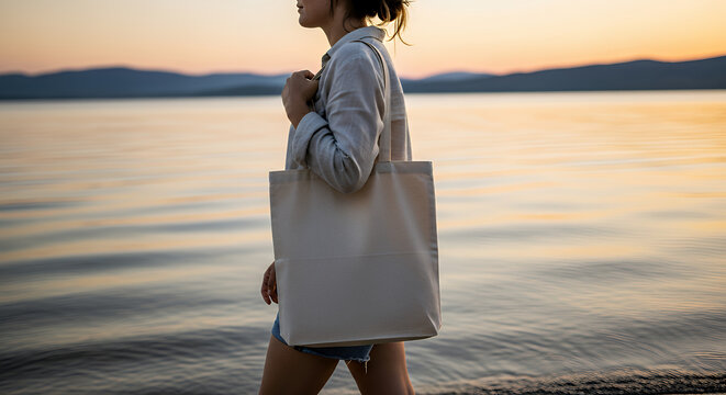 Woman carrying tote bag on the lake shore mockup tote bag mockup mockup fabric bag tote blank canvas cloth design eco fashion cotton shopping empty background