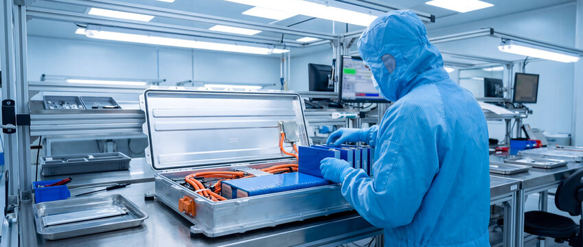 Worker assembling ev battery cells in cleanroom environment