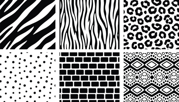 A set of black and white animal print and geometric patterns