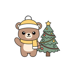 Fototapeta premium Cute bear character wearing hat and scarf next to decorated Christmas tree 