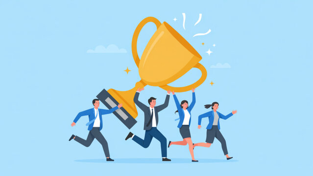 Modern vector of four professionals celebrating success while carrying golden trophy dynamic teamwork and leadership concept flat illustration