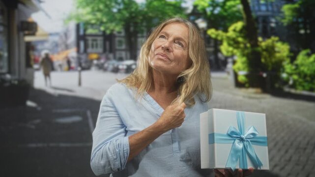 Senior woman holding a white gift box with blue ribbon while touching her hair on a city street; serenity gratitude.