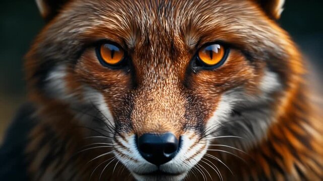 A close-up portrait of a fox's face, showcasing striking orange eyes and rich, detailed fur