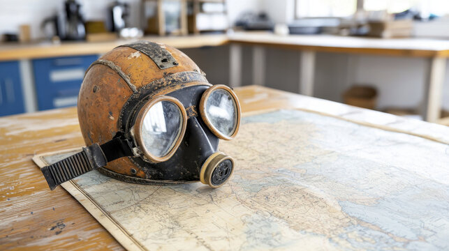 Antique diving helmet resting vintage map, showcasing its unique design and history, evoking sense of adventure