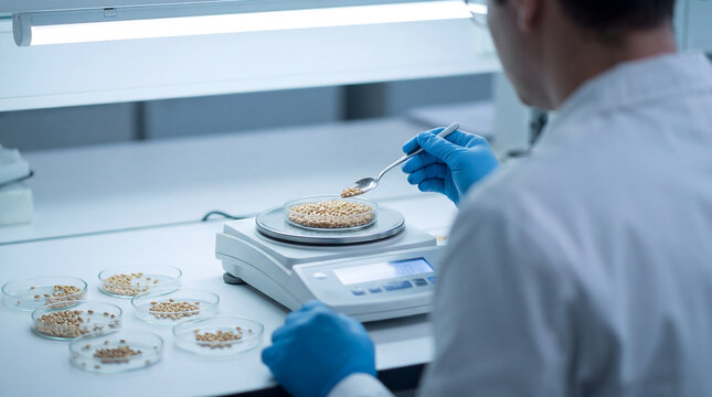 Scientist analyzing wheat grain quality in laboratory