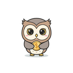Fototapeta premium Cute cartoon owl holding a coin with a joyful expression 