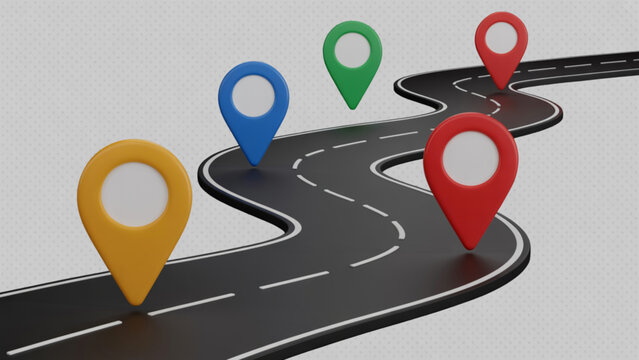 3D curved road illustration with colorful location pins showing route navigation path with markers modern travel vector design