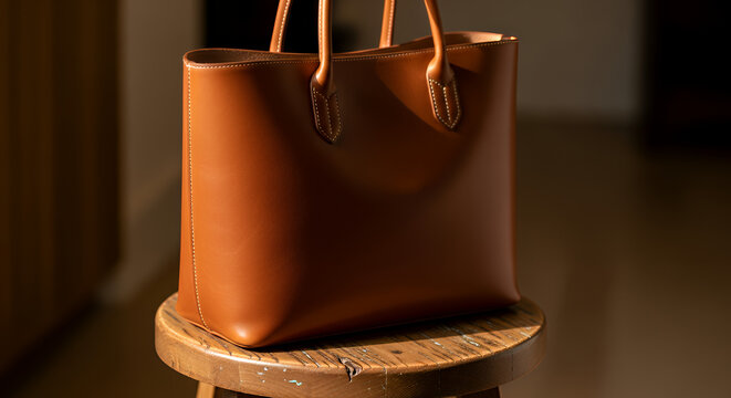 Brown leather tote bag sits on wooden stool in soft light ideal for luxury branding product display or advertising tote bag mockup mockup fabric bag tote blank canvas cloth design eco fashion cotton s